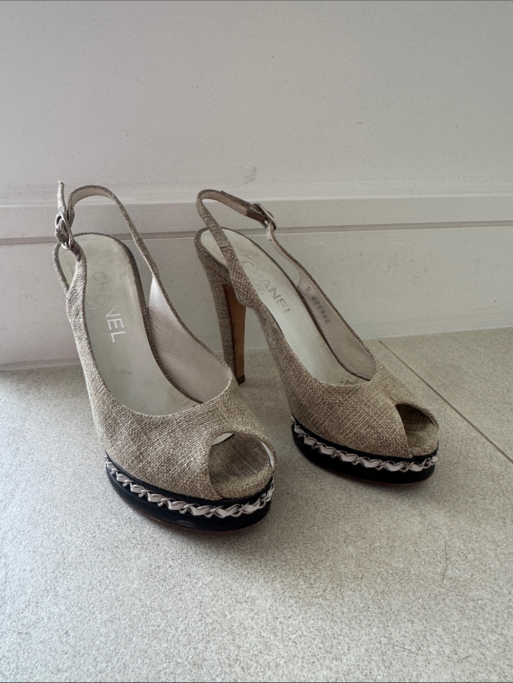 CHANEL Natural Beige Peep-Toe Slingback Platform Heels